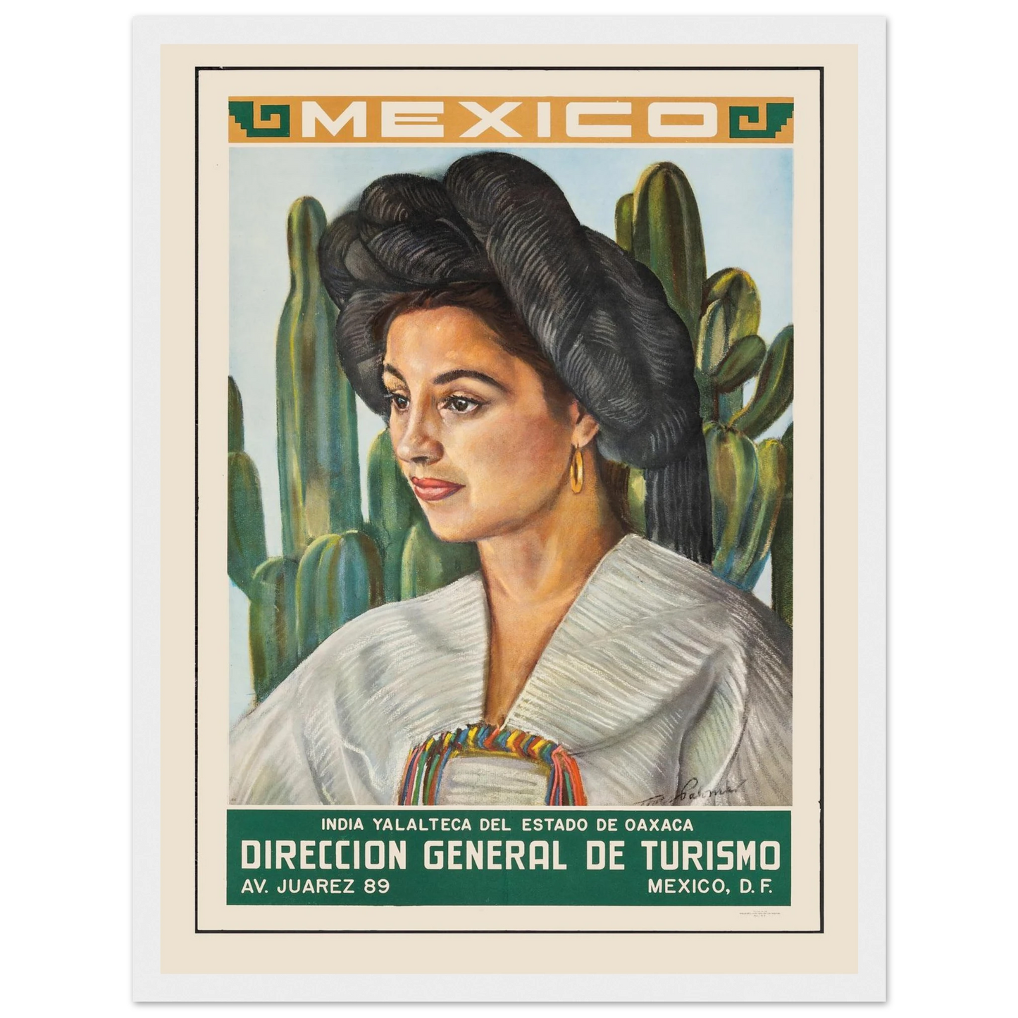Wall art print celebrating Mexican culture and tradition, showing a woman in folkloric dress with rich color and painterly charm.