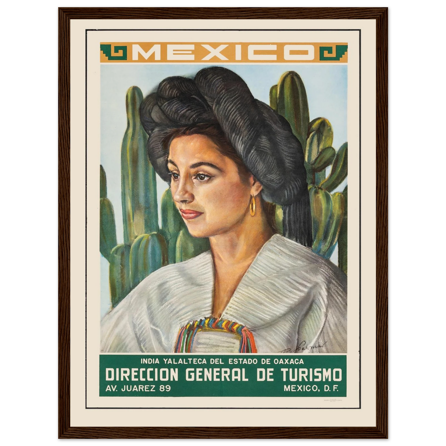 Folk art-inspired poster featuring a graceful Mexican woman in classic attire, perfect wall art for colorful and heritage-inspired interiors.