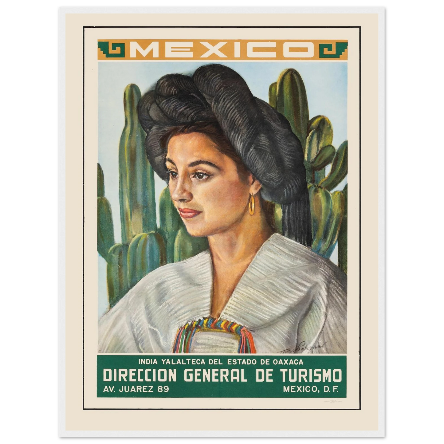 Artistic home decor print of a Mexican woman in vibrant traditional fashion, ideal for cultural art collectors and heritage-inspired design.