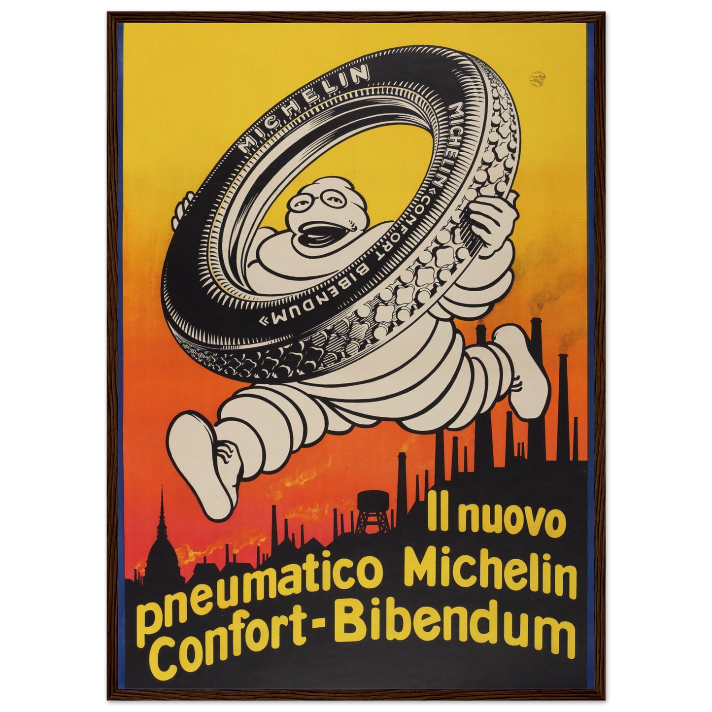 Vintage Italian Michelin advertising poster showcasing bold retro design and early 20th-century automotive style.