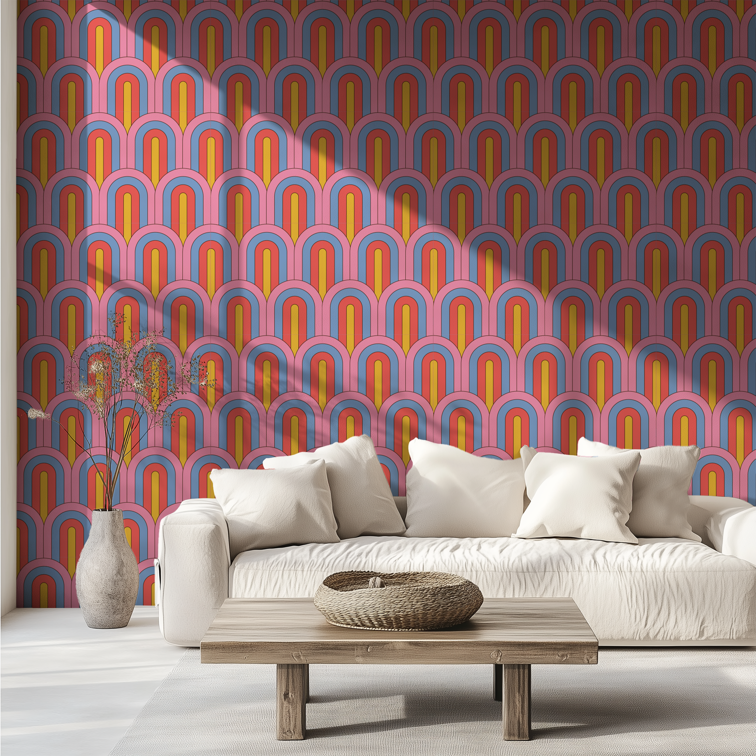 Mid-Century Modern wallpaper with colorful arch motifs and retro geometric design.