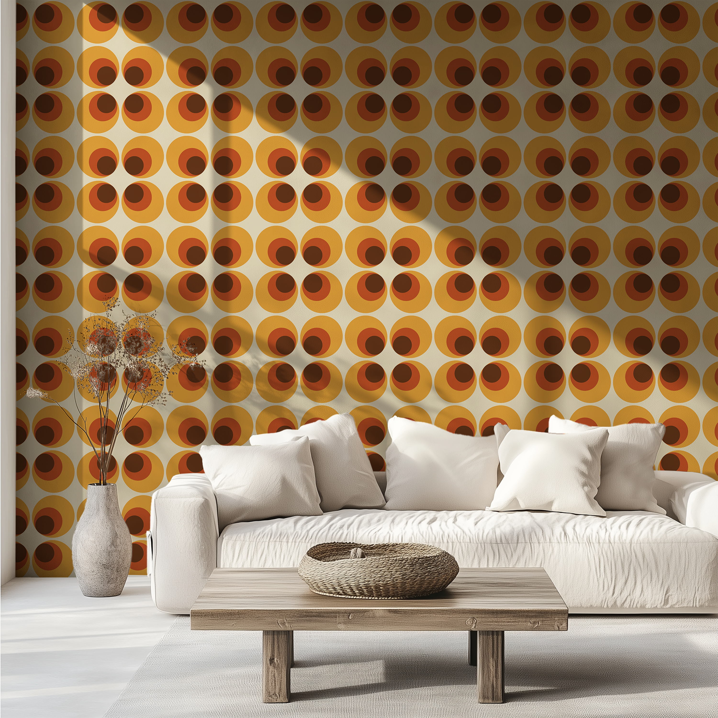 Mid-Century Modern wallpaper with bold repeating circle motifs in warm retro colours.