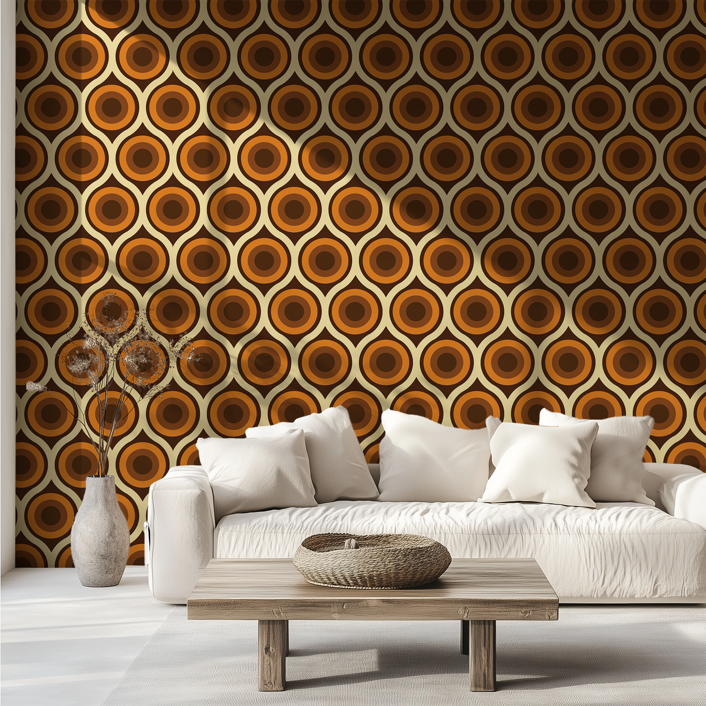 Mid-Century Modern wallpaper with repeating orbit circles in vintage earth-tone colours.