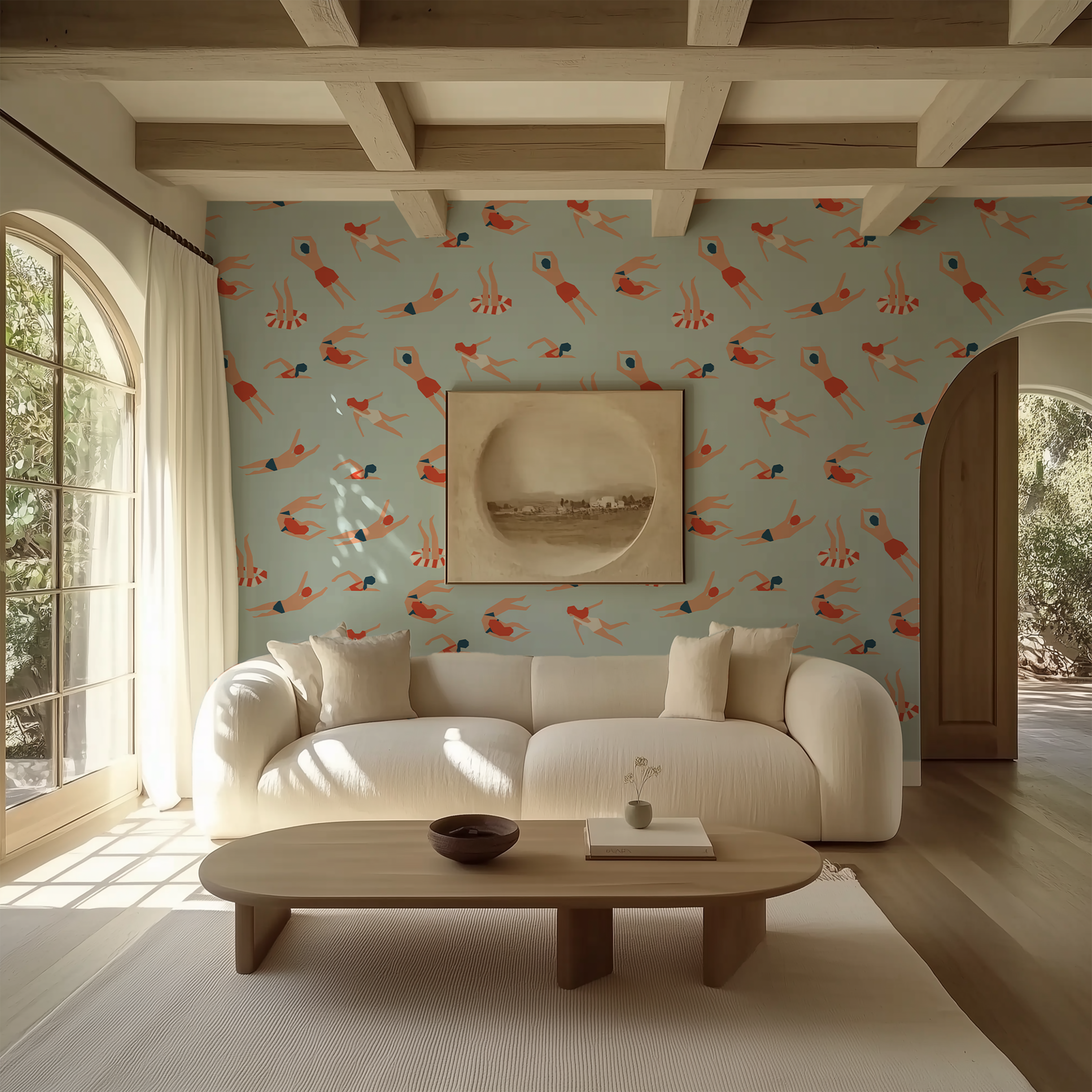 Mid-century swimmers wallpaper for nurseries, playrooms and coastal interiors.