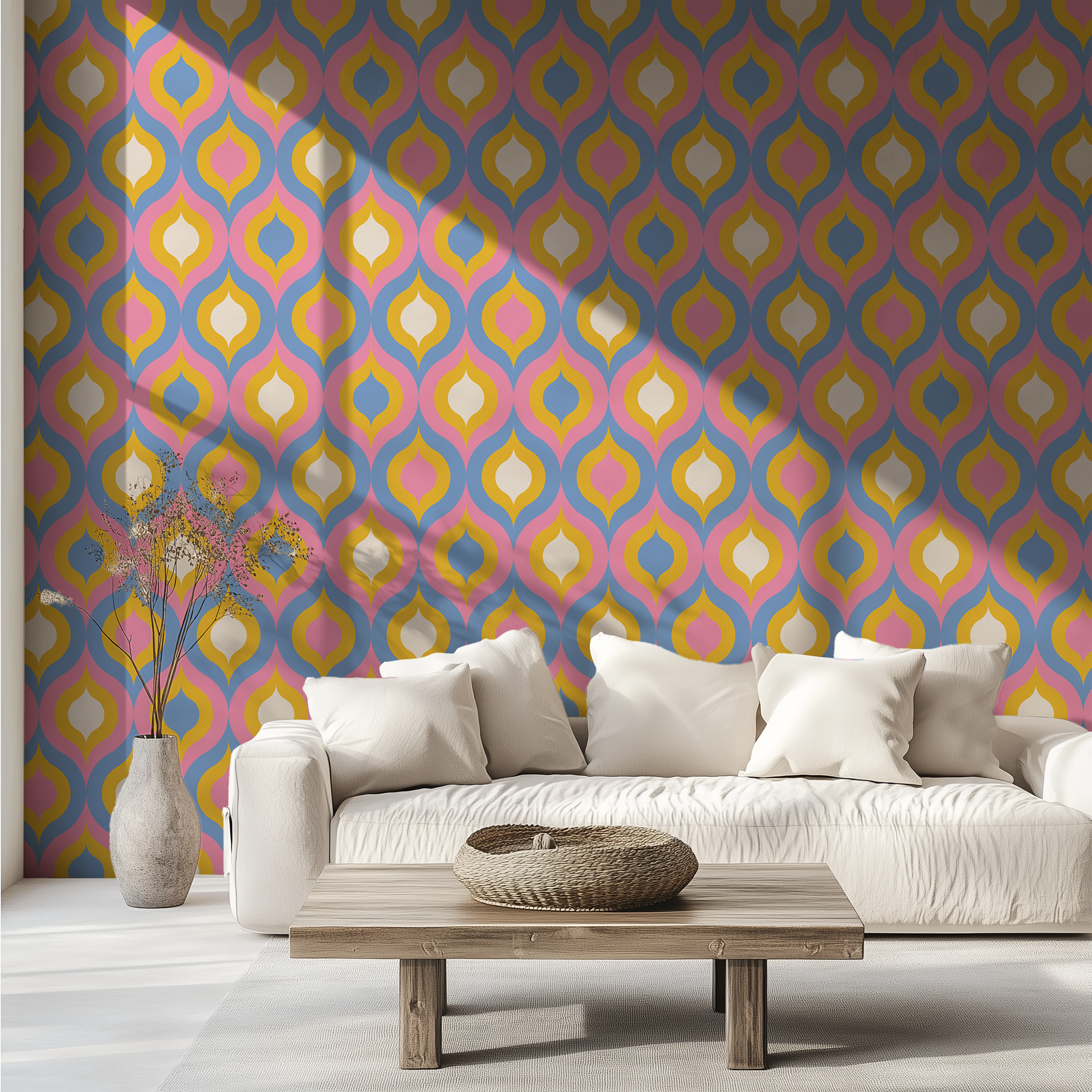 Mid-Century Modern wallpaper with colourful retro tulip motifs.