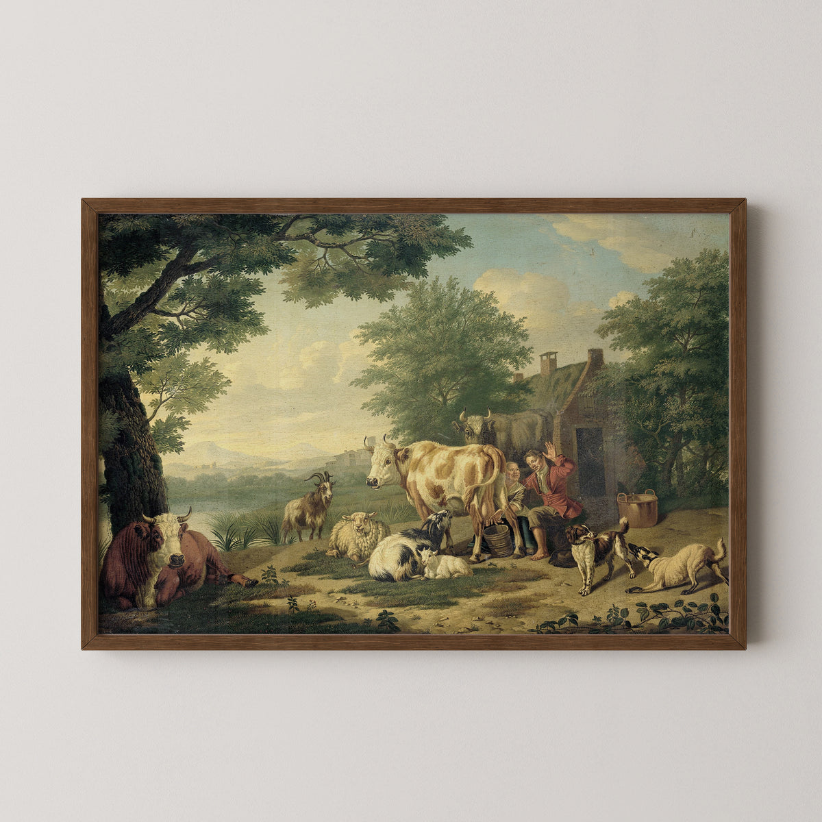 Milking Time by Jan van Gool, art print in a dark wood frame