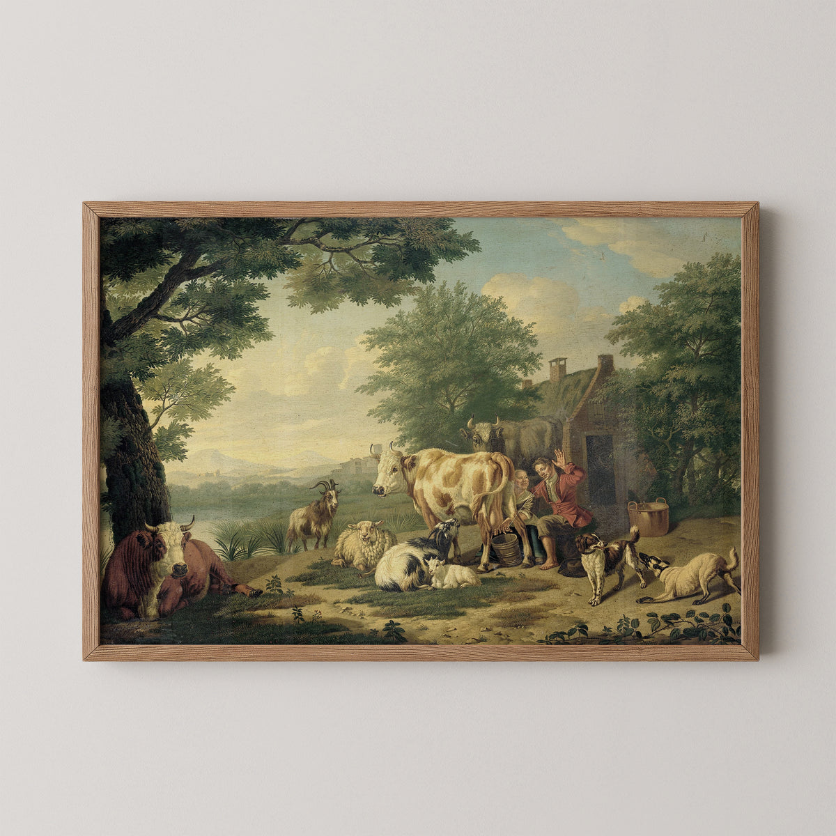 Milking Time by Jan van Gool, art print in a natural wood frame