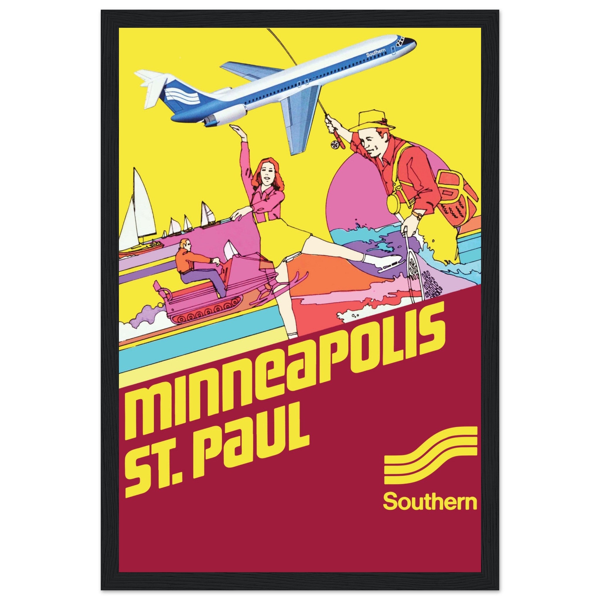 Celebrate the beauty and history of Minneapolis with this vintage poster, featuring Southern Airlines and the stunning landscapes of Minnesota. This retro print captures the essence of classic American travel, combining the golden age of aviation with the iconic sights of Minneapolis. Ideal for travel lovers, Minnesota enthusiasts, and retro art collectors, this print adds a nostalgic touch to any wall. Whether displayed in a living room, travel-themed space, or home office, this Minneapolis poster will tra