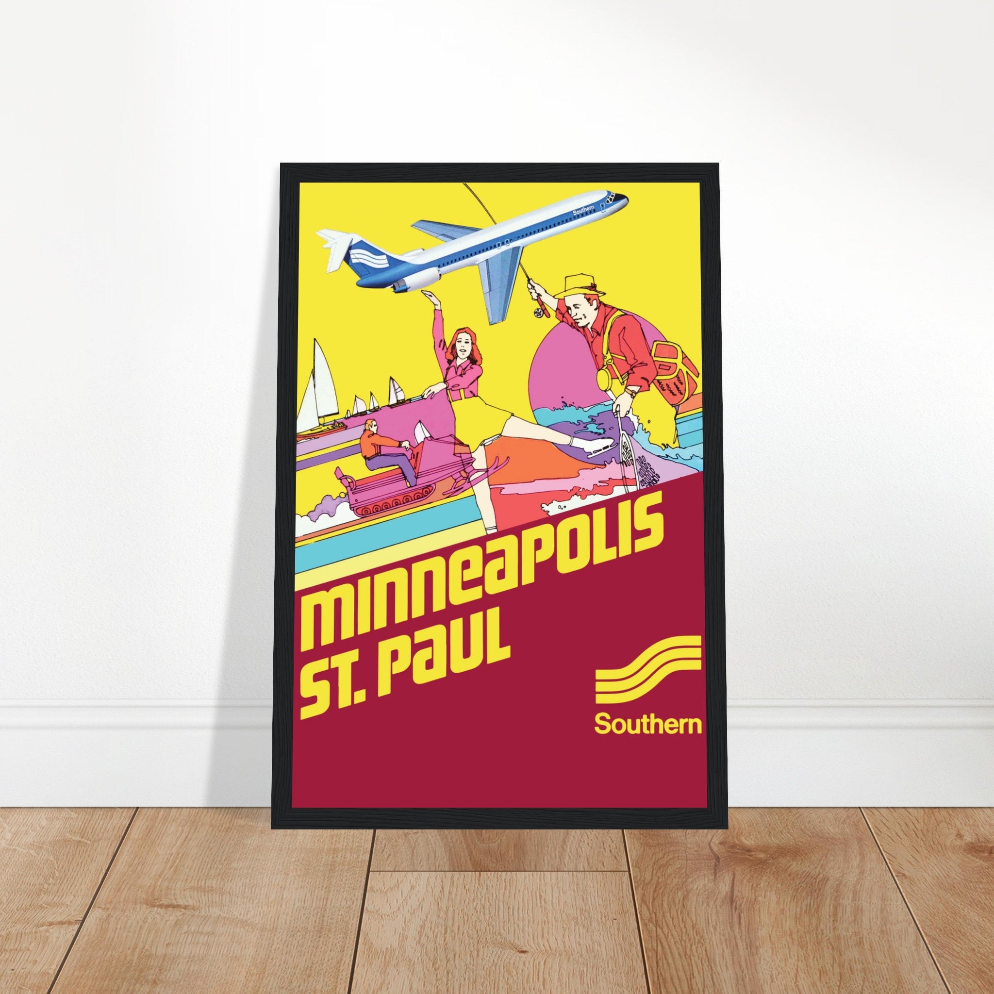 Celebrate the beauty and history of Minneapolis with this vintage poster, featuring Southern Airlines and the stunning landscapes of Minnesota. This retro print captures the essence of classic American travel, combining the golden age of aviation with the iconic sights of Minneapolis. Ideal for travel lovers, Minnesota enthusiasts, and retro art collectors, this print adds a nostalgic touch to any wall. Whether displayed in a living room, travel-themed space, or home office, this Minneapolis poster will tra