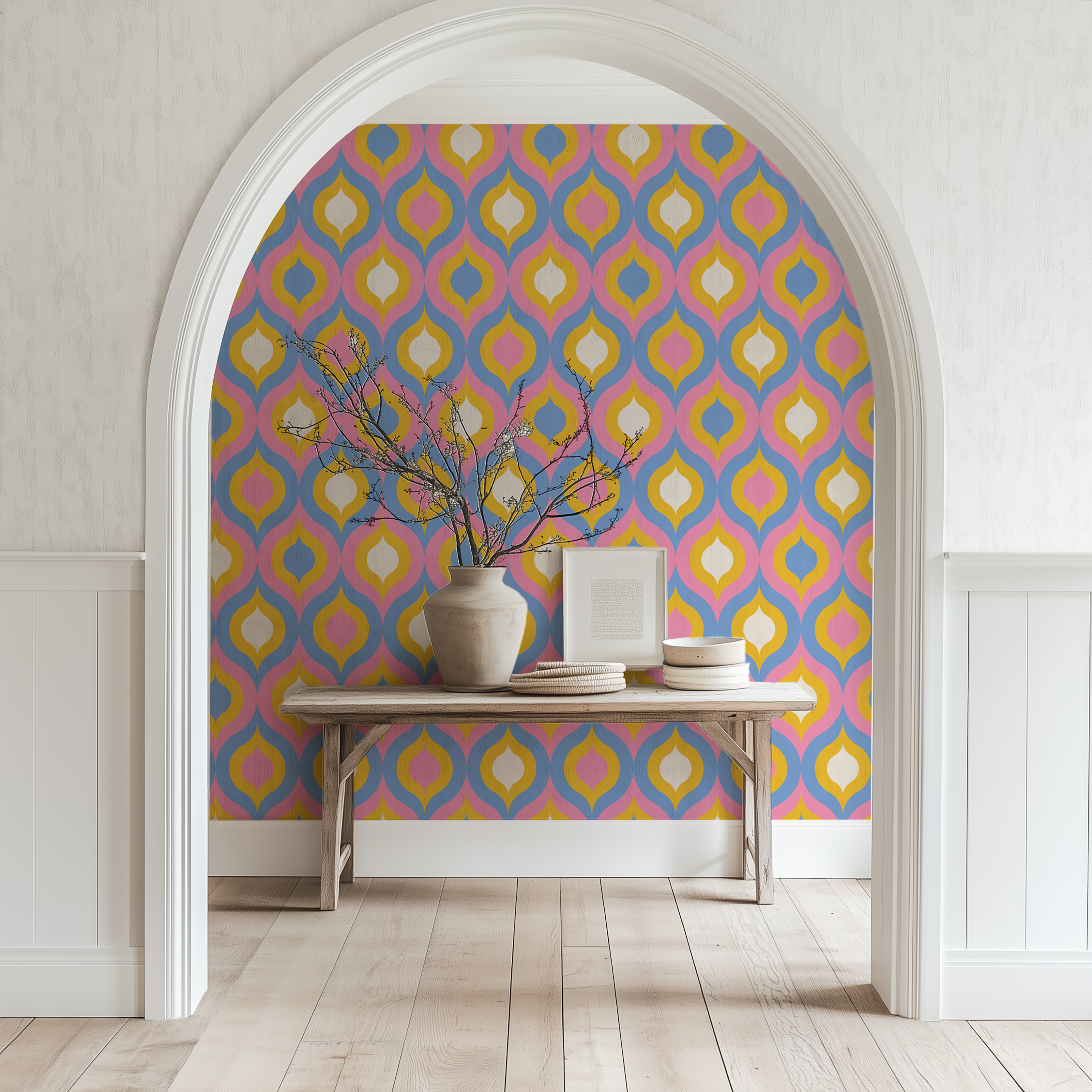 Mod Tulip Wallpaper featuring retro geometric tulip motifs in pink, mustard and blue.