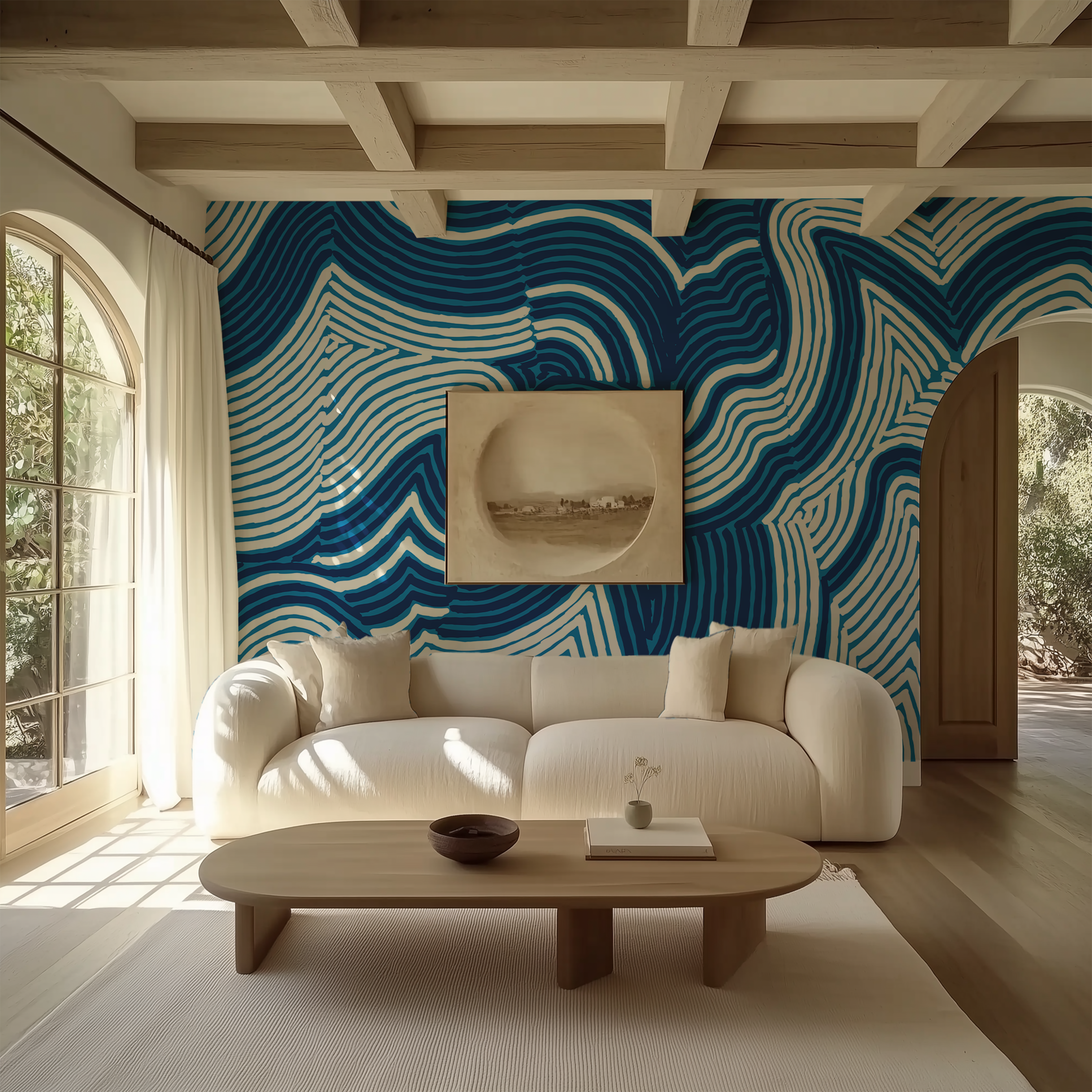Modern blue line wallpaper with abstract topographic wave design