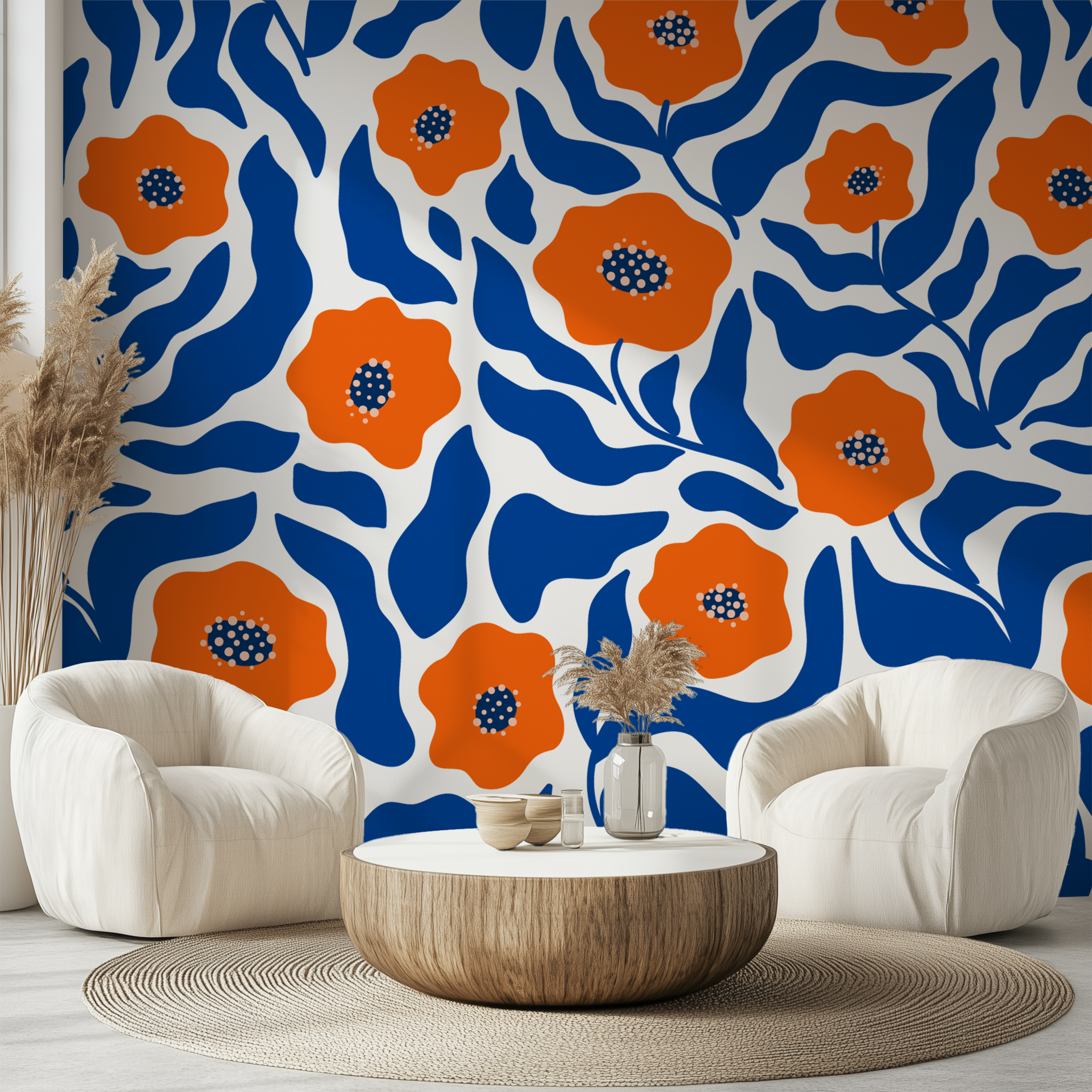 Modern blue and orange floral wallpaper with large graphic botanical pattern