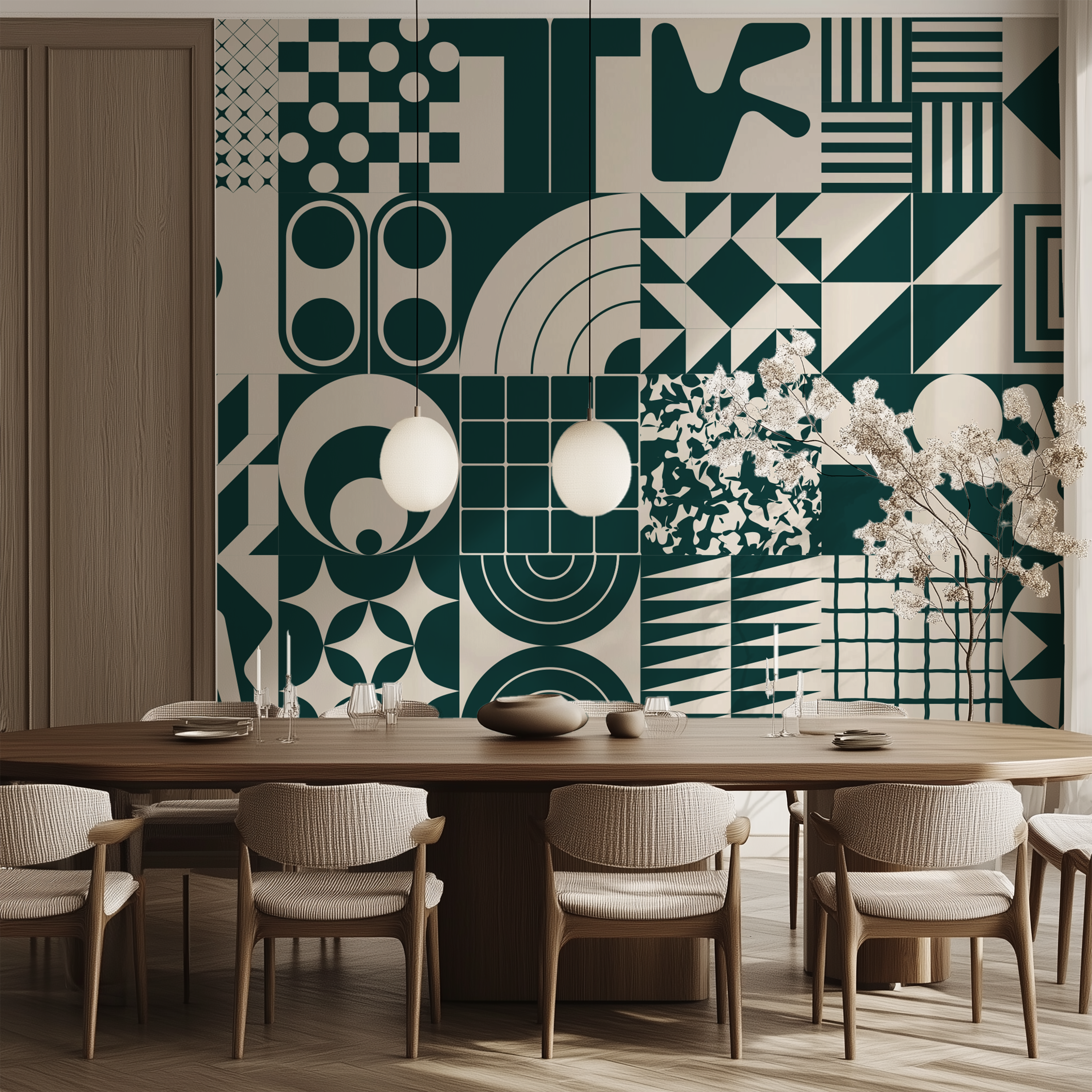 Modern geometric patchwork wallpaper, abstract wallpaper, geometric wall mural, modern wall decor, contemporary wallpaper, Scandinavian wallpaper, mid century wallpaper, designer wallpaper