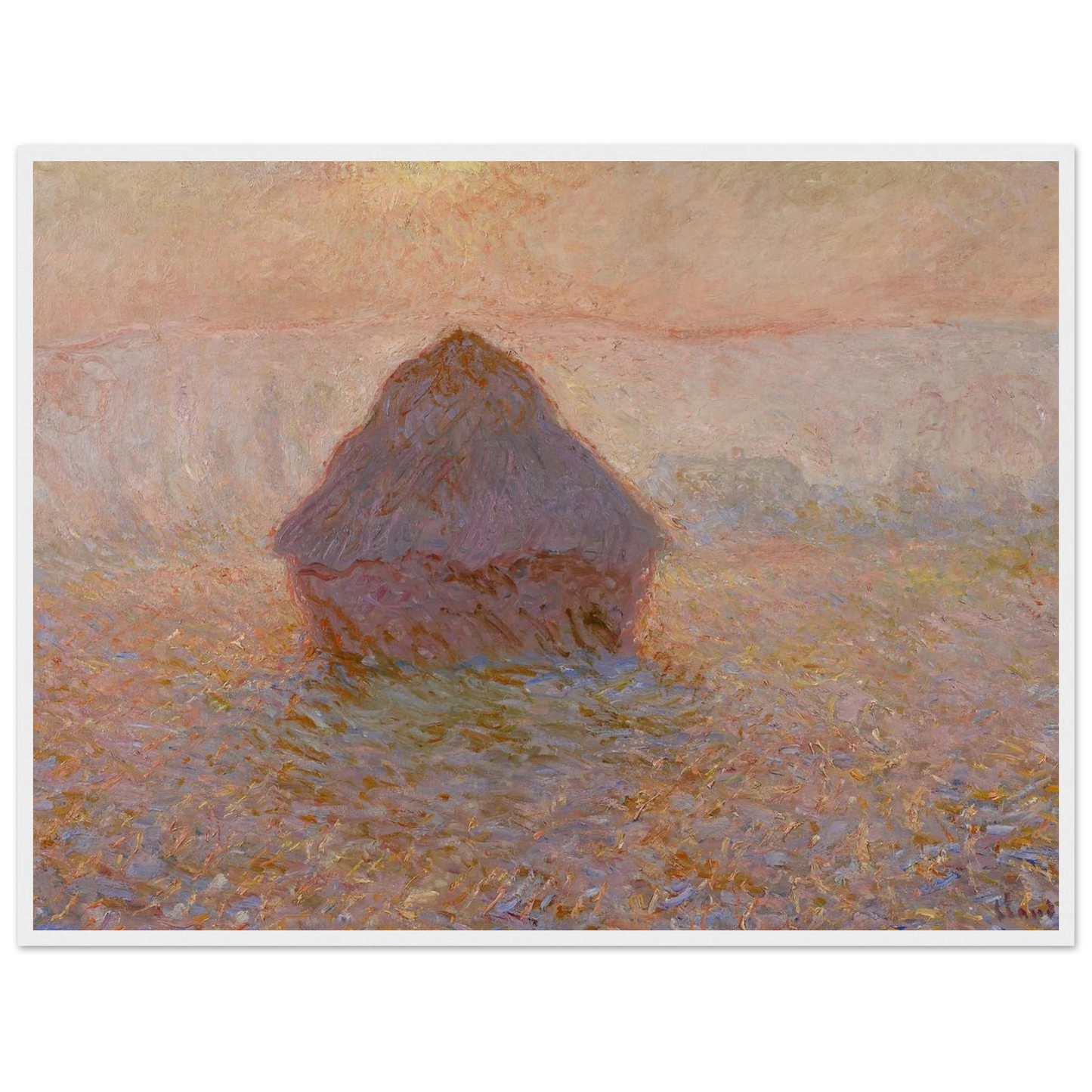 Classic fine-art print of Grainstack, Sun in the Mist (1891) by Claude Monet, ideal for elegant interiors and lovers of French Impressionism.