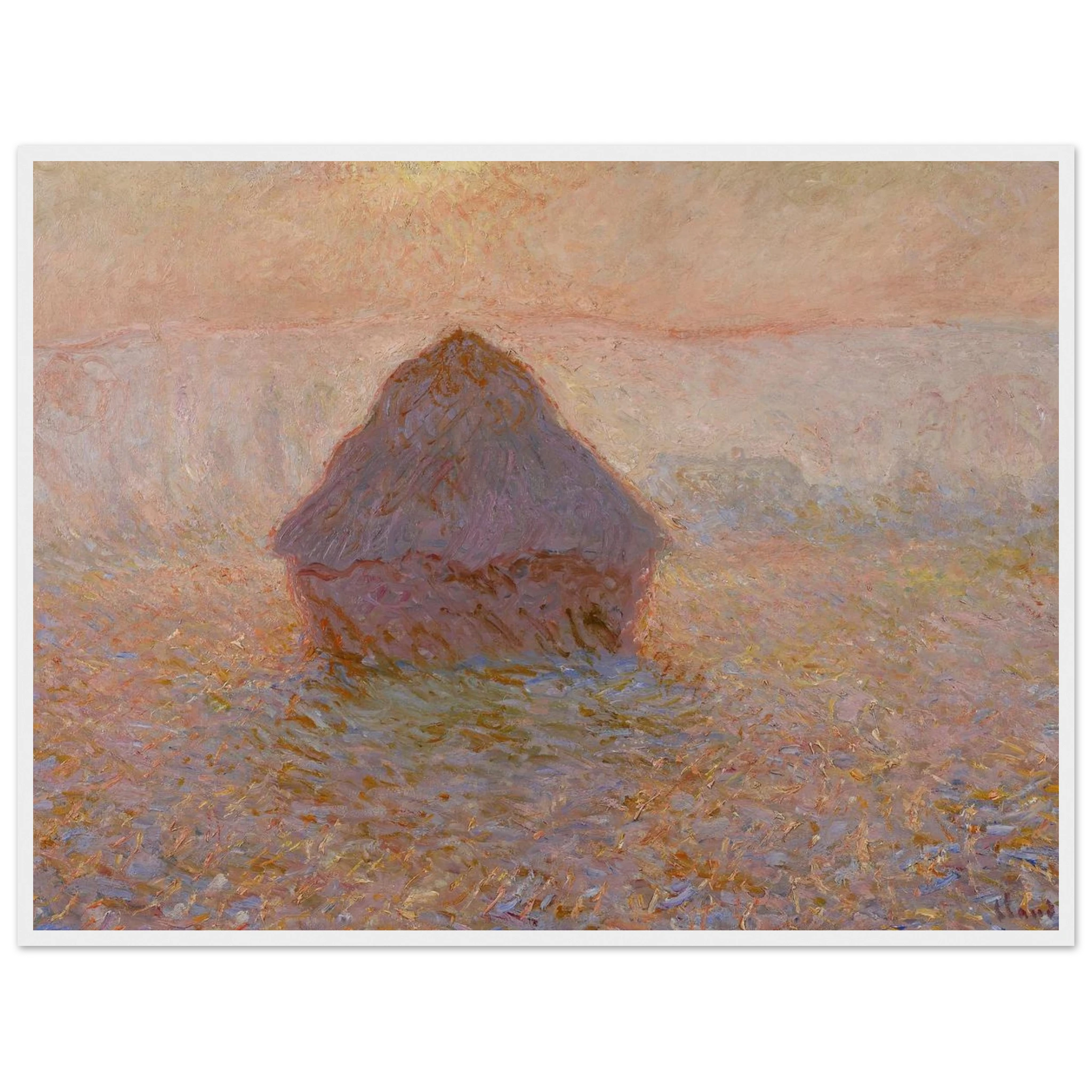 Classic fine-art print of Grainstack, Sun in the Mist (1891) by Claude Monet, ideal for elegant interiors and lovers of French Impressionism.