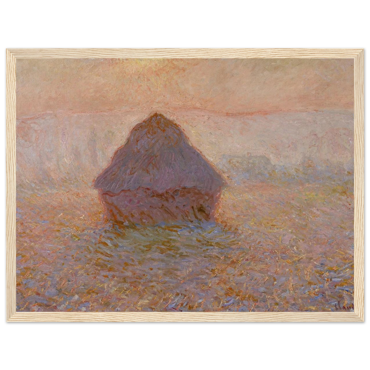 Landscape art print of Claude Monet’s Grainstack, Sun in the Mist, a serene rural scene rendered with luminous brushwork.