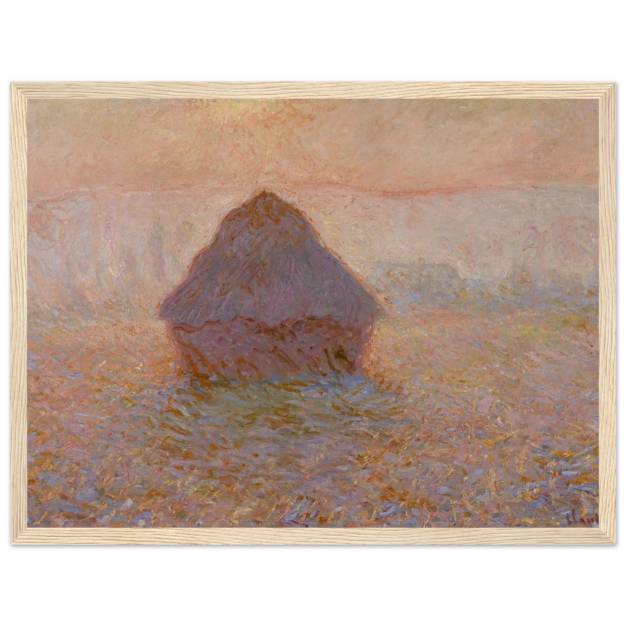Landscape art print of Claude Monet’s Grainstack, Sun in the Mist, a serene rural scene rendered with luminous brushwork.