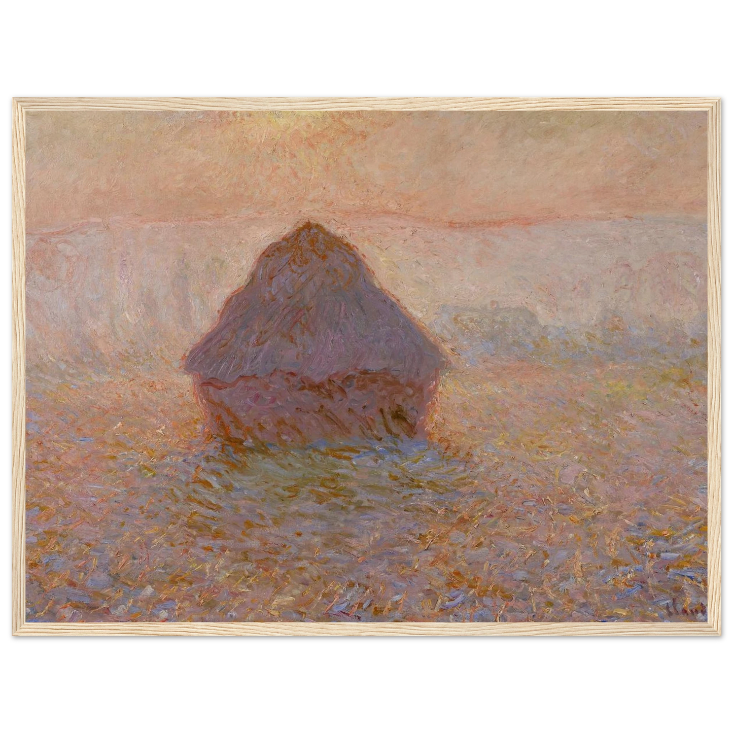High-quality reproduction of Grainstack, Sun in the Mist (1891) by Claude Monet, an Impressionist masterpiece capturing morning light and rural calm
