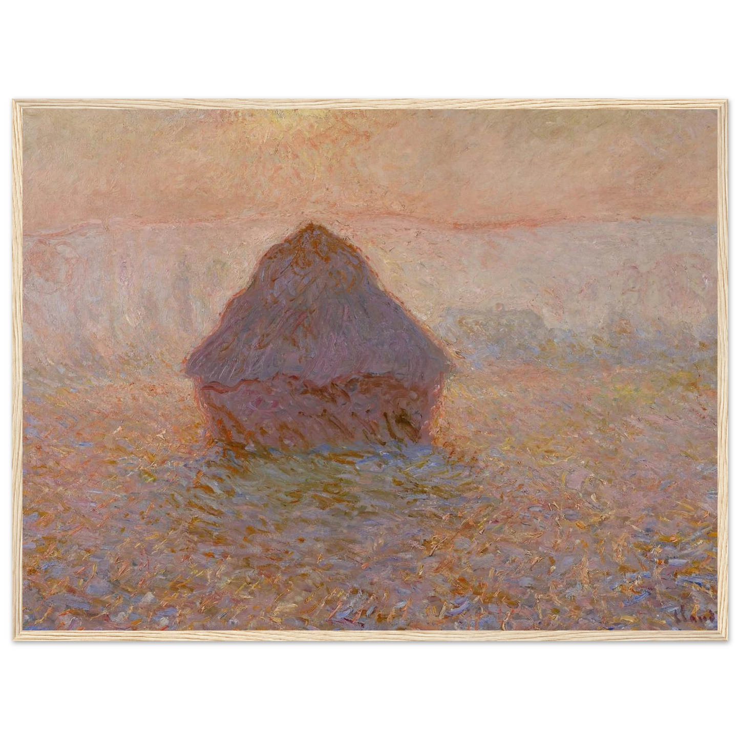 Impressionist painting Grainstack, Sun in the Mist by Monet, showing delicate color transitions and atmospheric sunrise tones.
