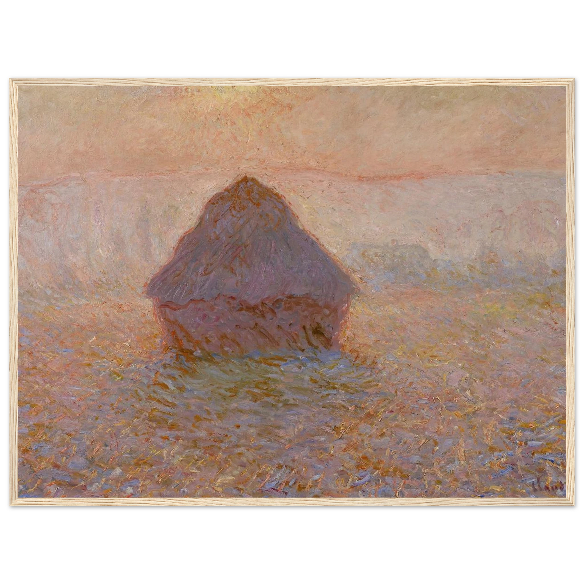 Impressionist painting Grainstack, Sun in the Mist by Monet, showing delicate color transitions and atmospheric sunrise tones.