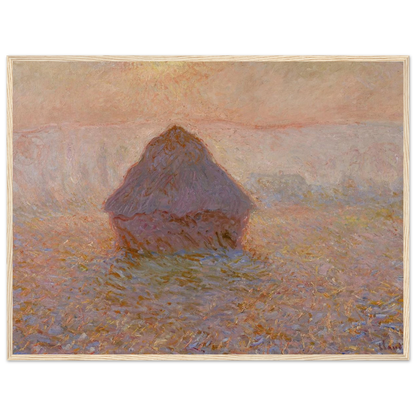 Impressionist painting Grainstack, Sun in the Mist by Monet, showing delicate color transitions and atmospheric sunrise tones.