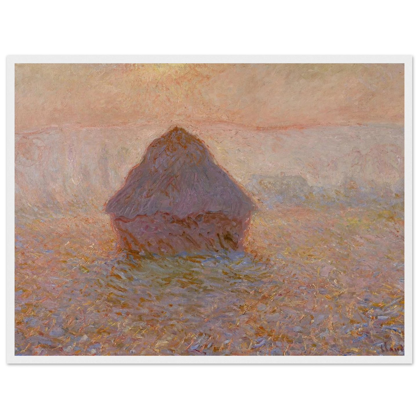 Poster reproduction of Monet’s Grainstack, Sun in the Mist, celebrating the beauty of morning light and subtle Impressionist texture.