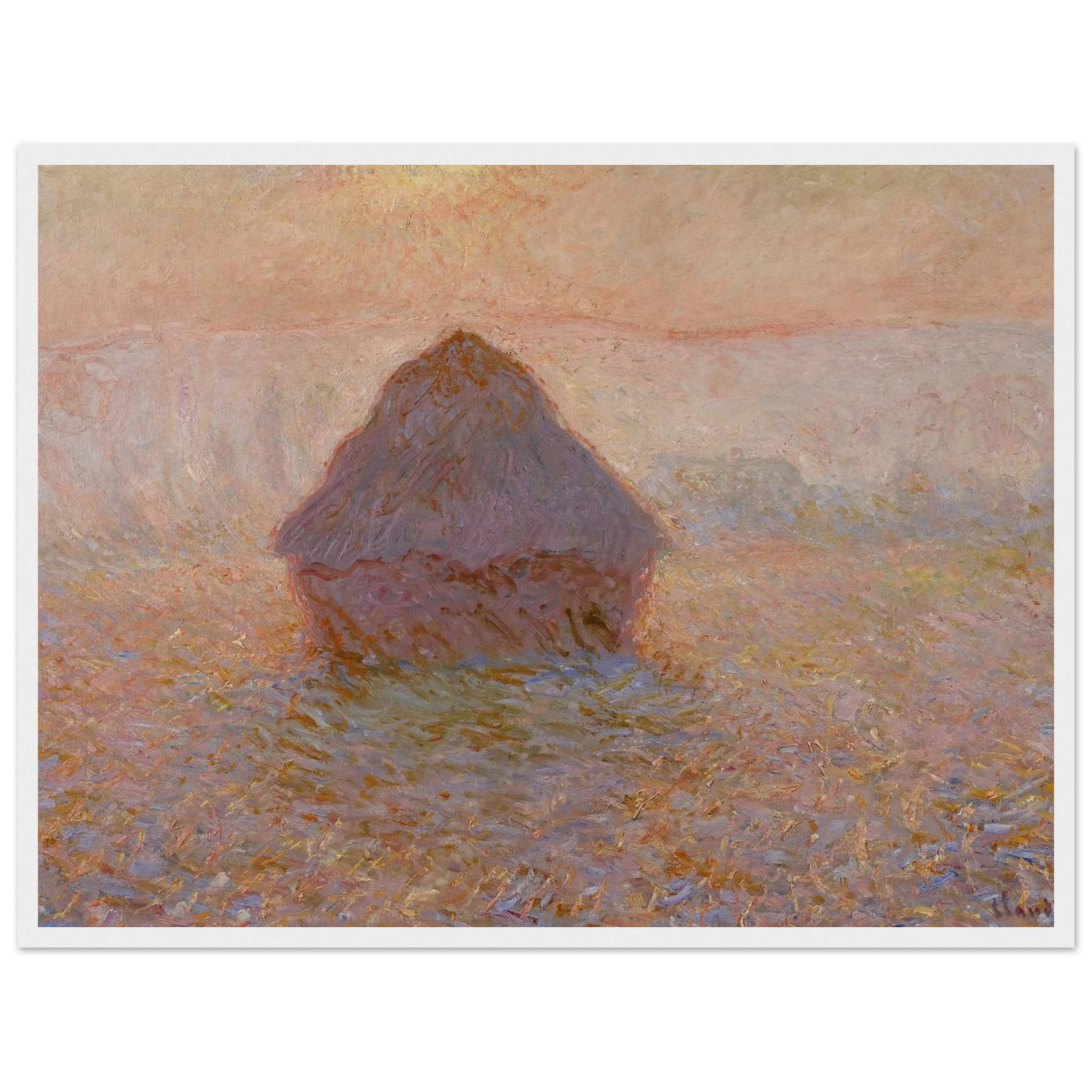 Poster reproduction of Monet’s Grainstack, Sun in the Mist, celebrating the beauty of morning light and subtle Impressionist texture.