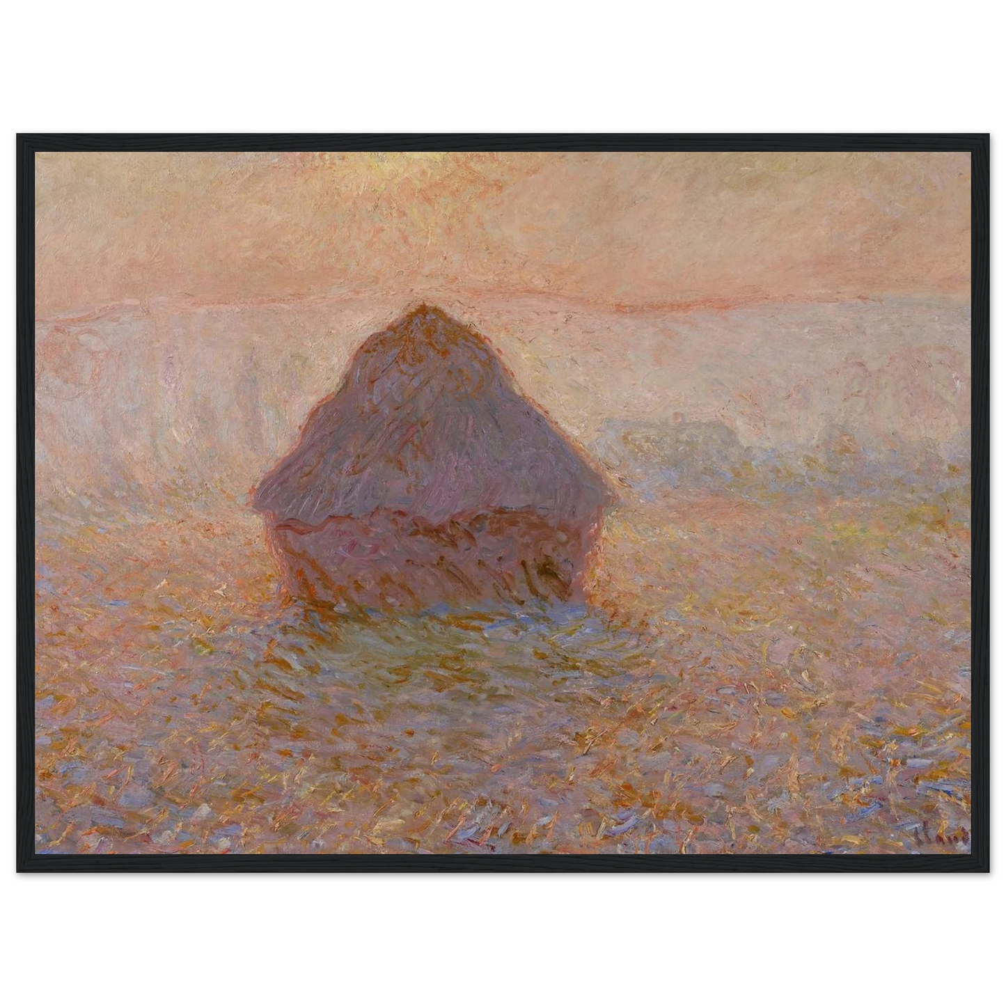 Wall art print from Monet’s famous Haystacks series, depicting a golden grainstack glowing in soft sunlight and mist.