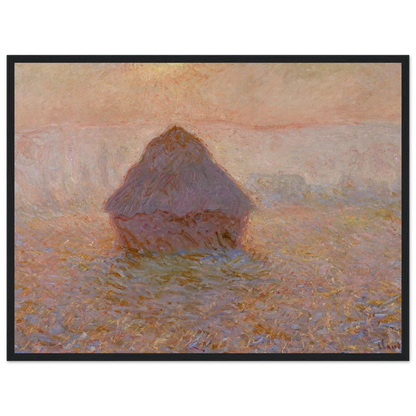 Wall art print from Monet’s famous Haystacks series, depicting a golden grainstack glowing in soft sunlight and mist.