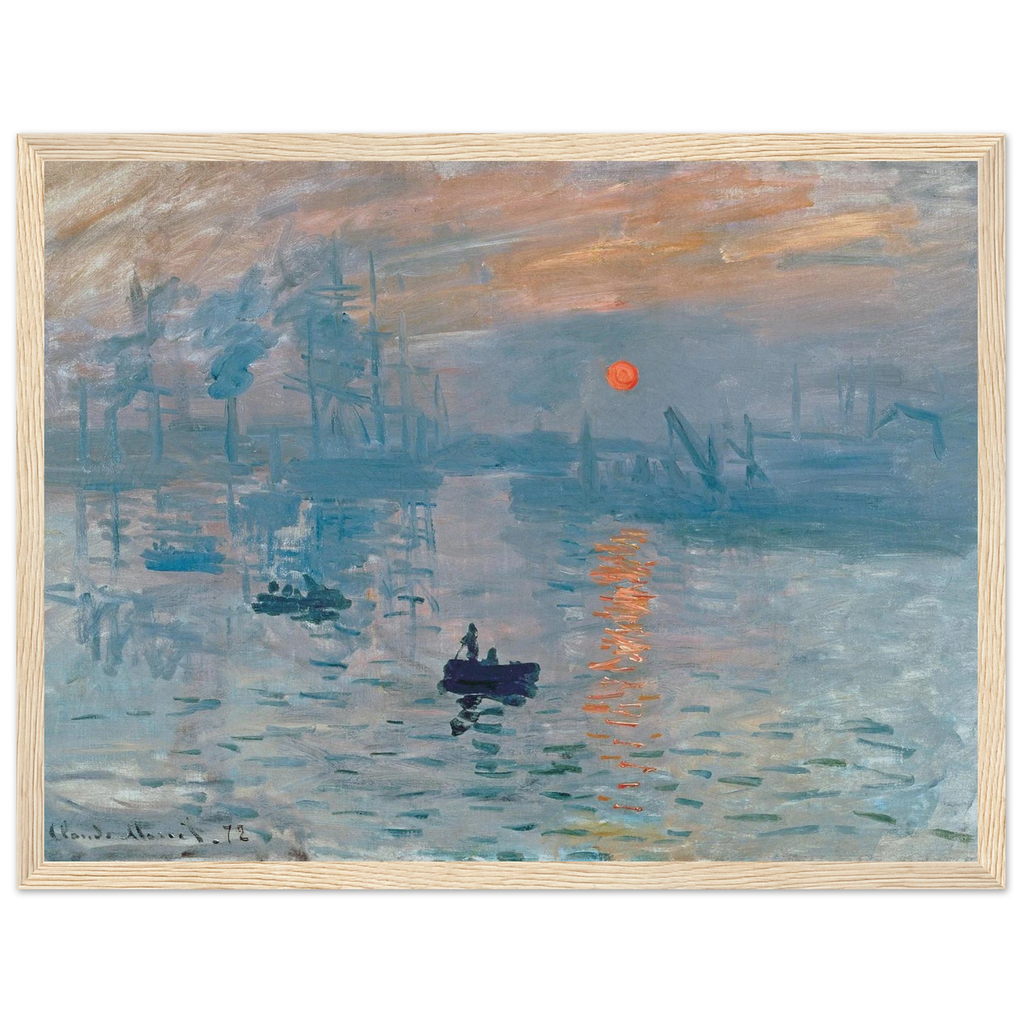 High-quality reproduction of Impression, Sunrise (1872) by Claude Monet, the painting that defined Impressionism with its misty harbor and glowing sun.