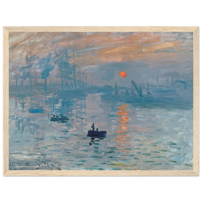 High-quality reproduction of Impression, Sunrise (1872) by Claude Monet, the painting that defined Impressionism with its misty harbor and glowing sun.
