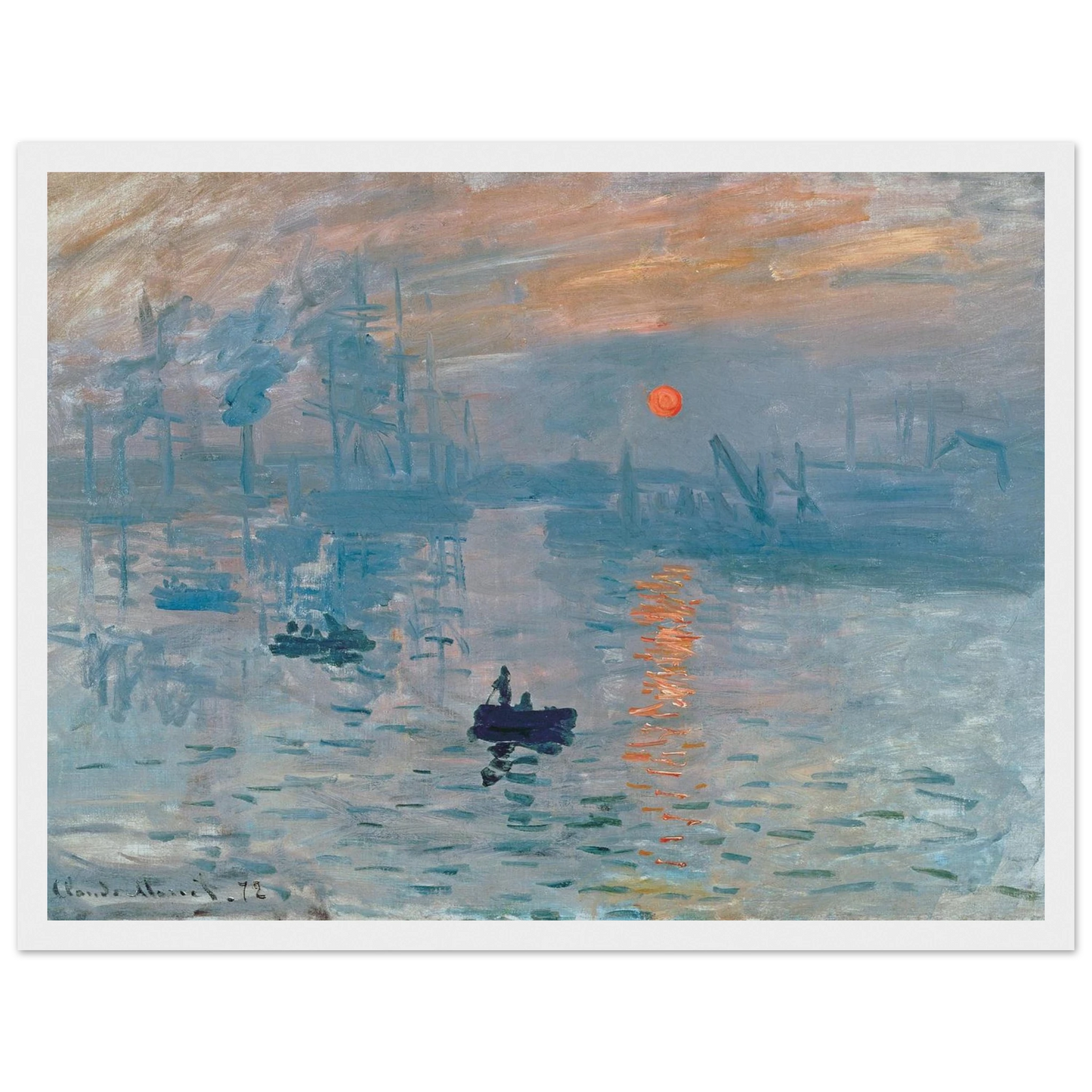 Classic French wall art print of Impression, Sunrise by Claude Monet, a timeless depiction of light, water, and early-morning serenity.