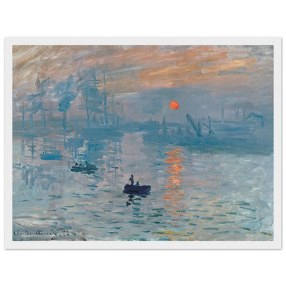 Classic French wall art print of Impression, Sunrise by Claude Monet, a timeless depiction of light, water, and early-morning serenity.