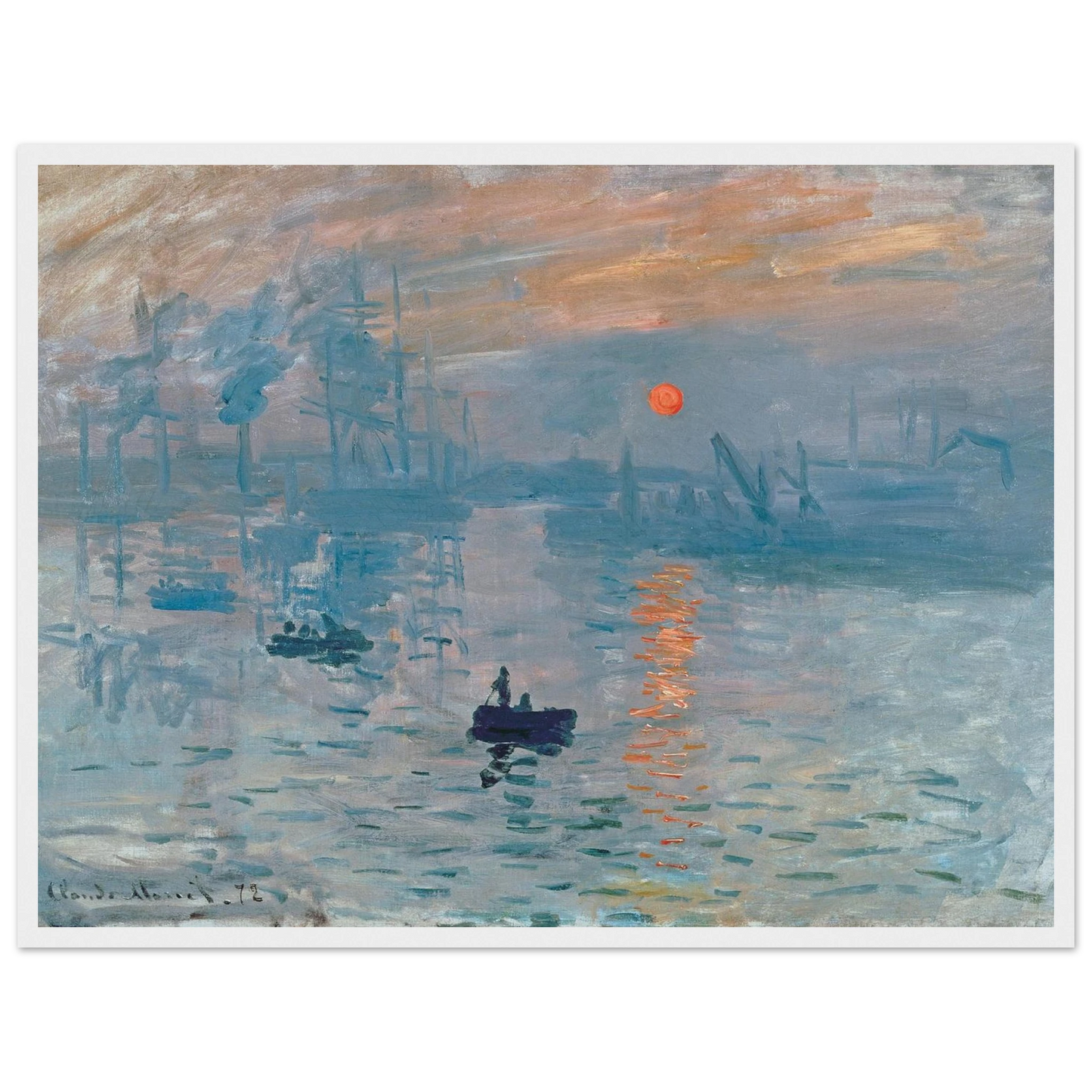 French Impressionist masterpiece Impression, Sunrise by Claude Monet, reproduced as a fine-art print showcasing soft brushwork and tranquil tone.