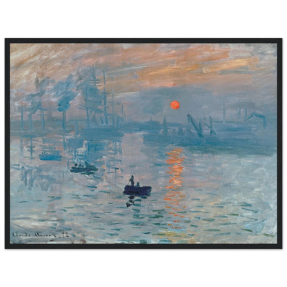 Seascape artwork Impression, Sunrise by Monet, capturing reflections of boats and sky in delicate hues of orange and blue.