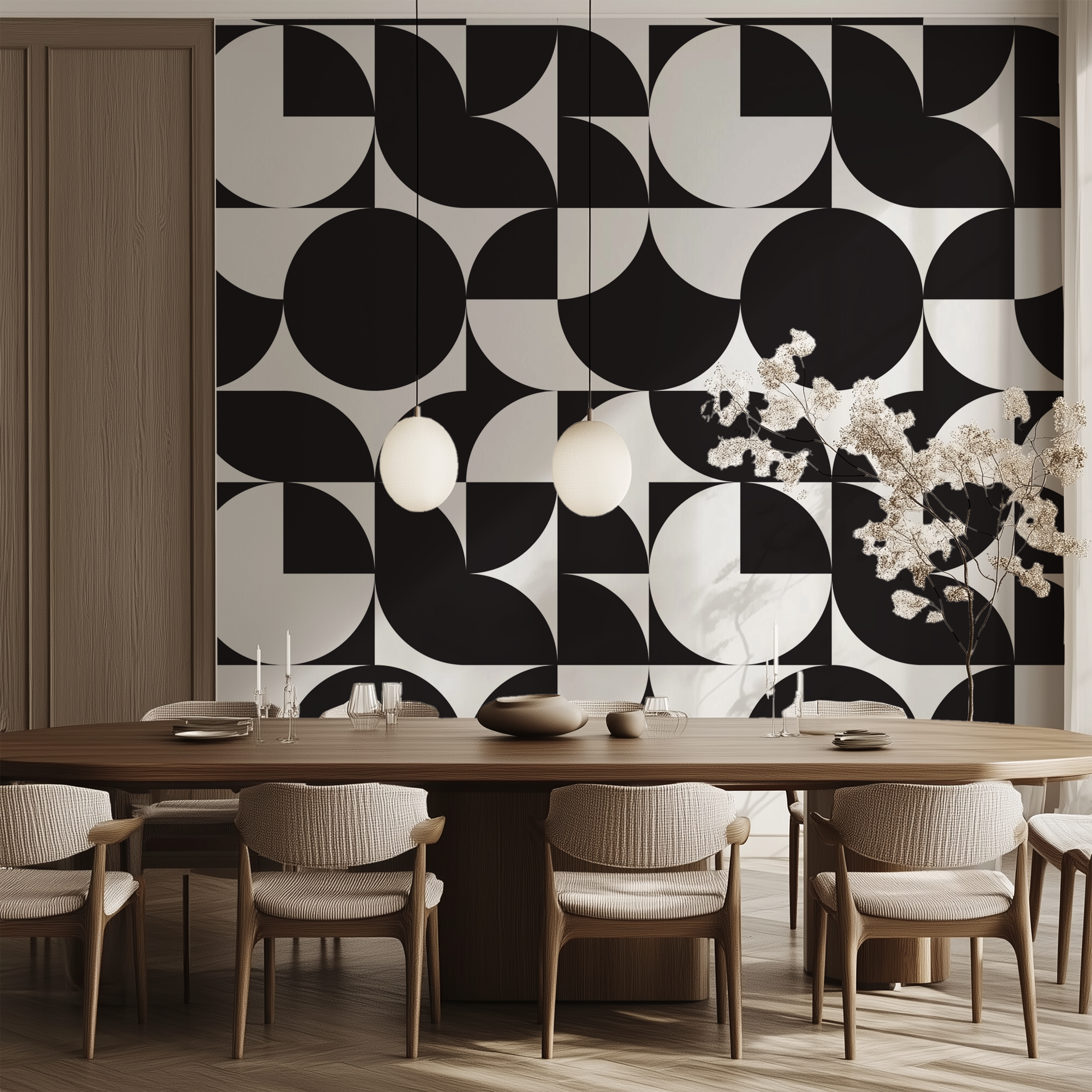 Monochrome geometric wallpaper, black and white wallpaper, Bauhaus wallpaper, minimalist wallpaper, abstract geometric wallpaper, Scandinavian wallpaper, modern wallpaper, luxury wall mural