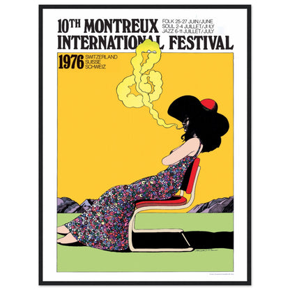 Retro Montreux Festival wall art poster with vibrant yellow background and stylish 70s illustration — collectible print.