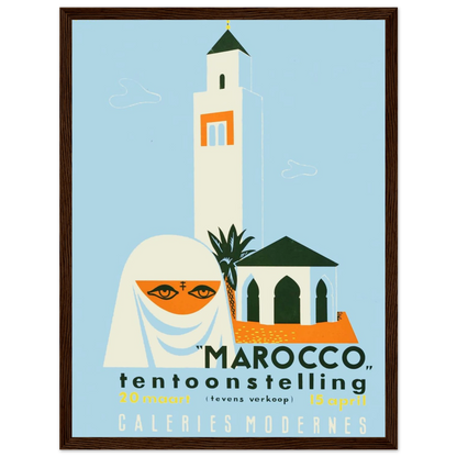 Retro wall art print inspired by vintage Morocco posters, highlighting geometric design, bold typography, and exotic North African allure.