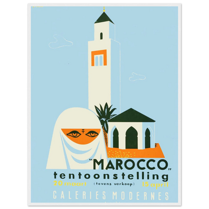 Tourism art print of Morocco in vintage travel poster style, showcasing traditional arches, warm tones, and North African cultural charm.