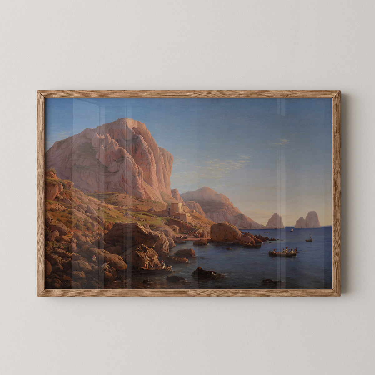 Natural wood-framed Christen Købke print of the Capri coastline shortly after sunrise