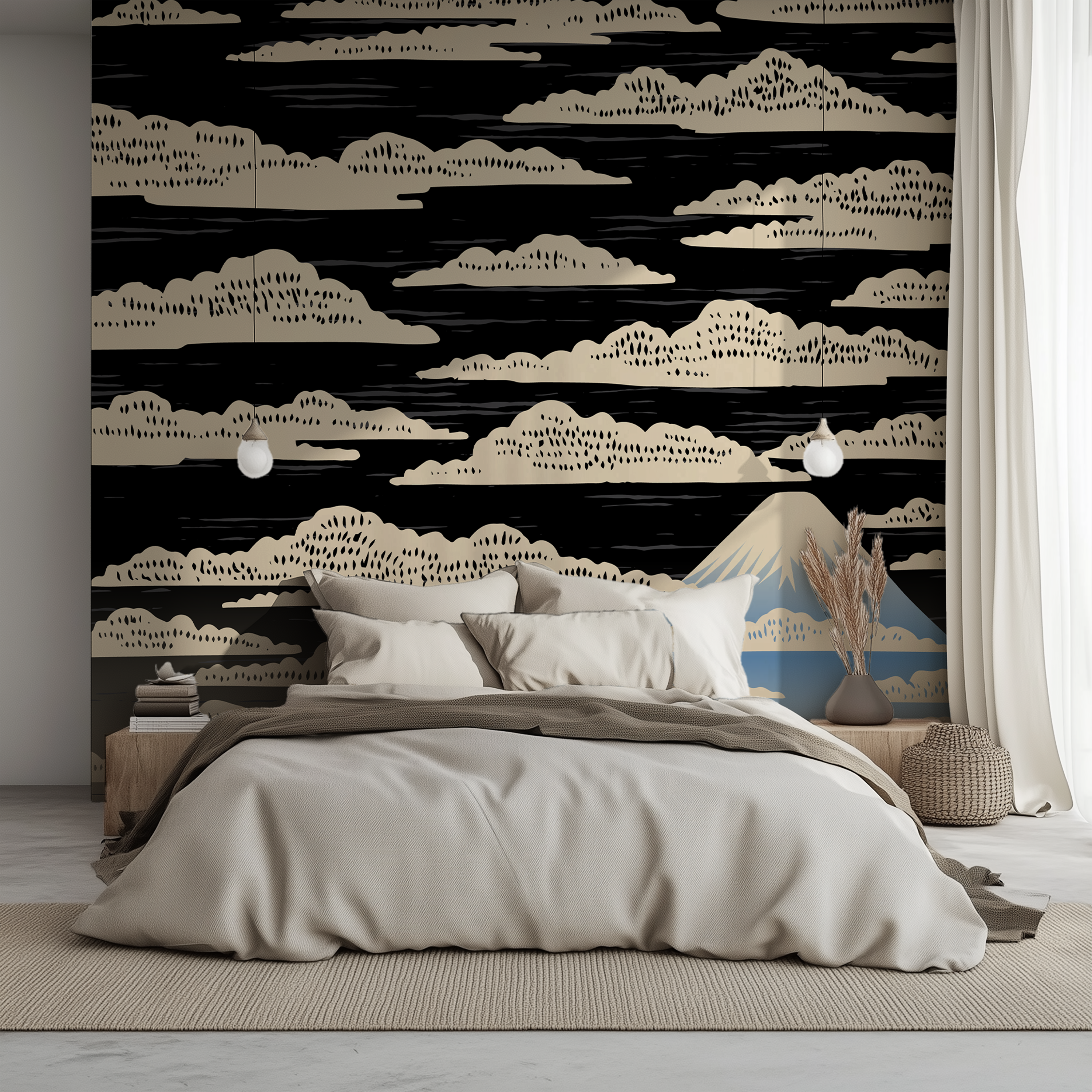 Mount Fuji Japanese landscape wallpaper with layered mountains and clouds