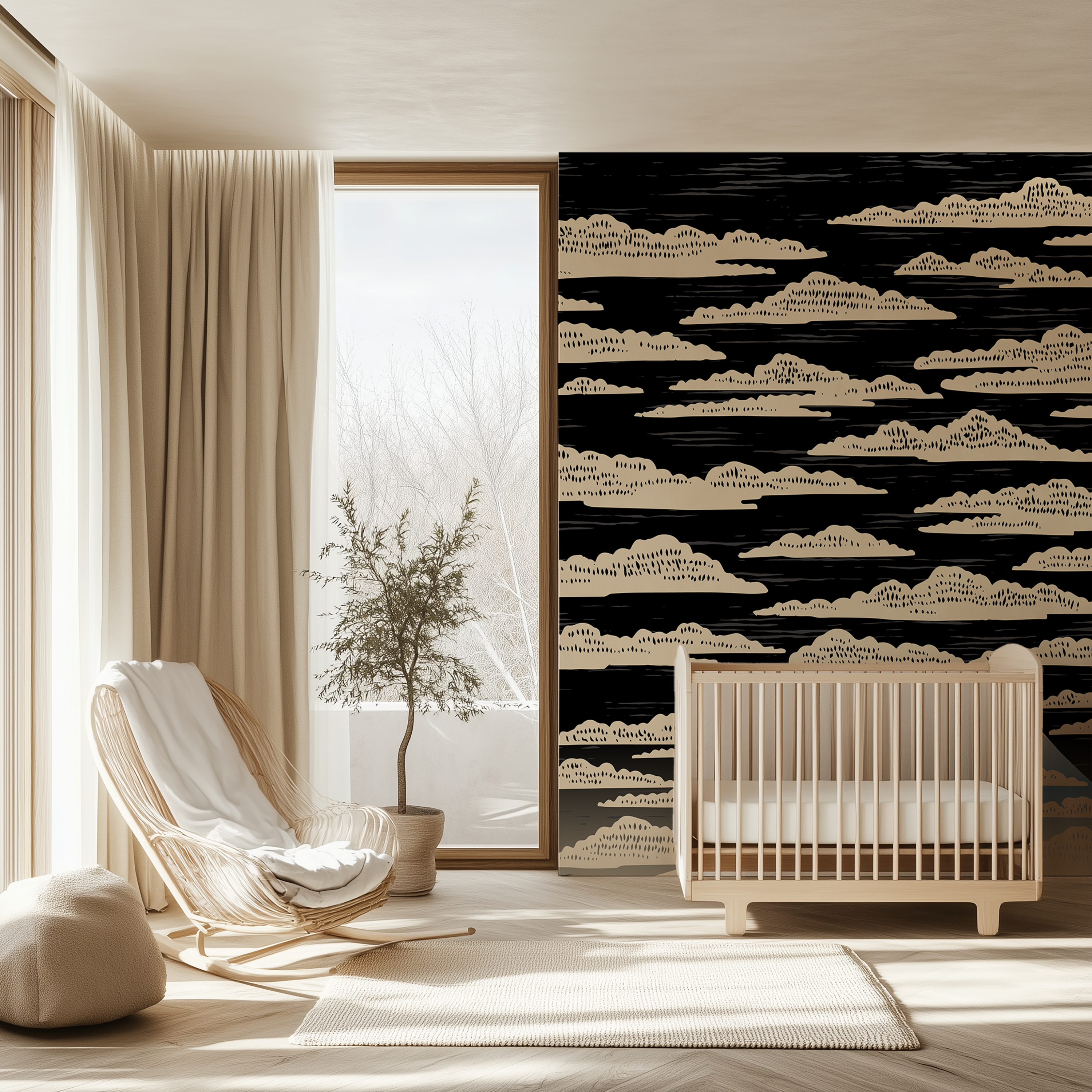 Mount Fuji Japanese mural with stylized clouds and blue mountain landscape