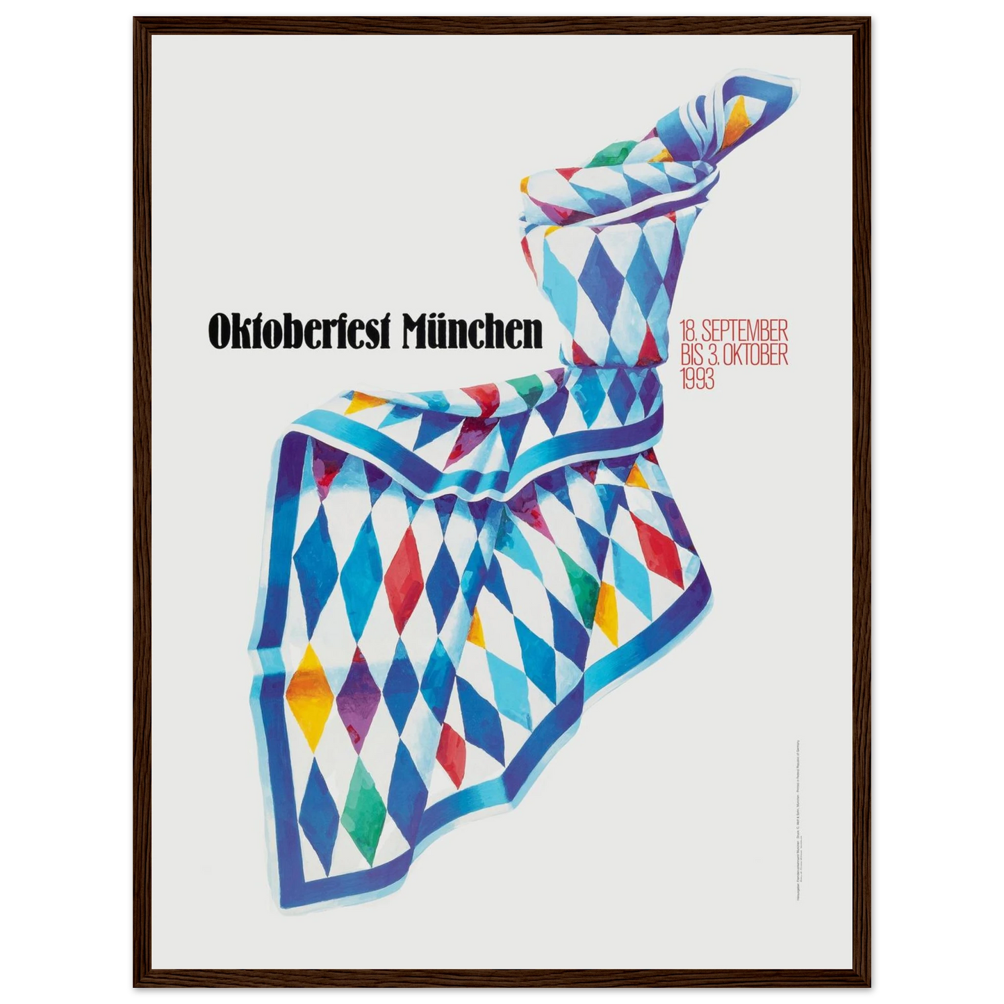 Poster print from the 1993 Munich Oktoberfest, celebrating Bavarian tradition with classic beer festival design and colorful retro style.