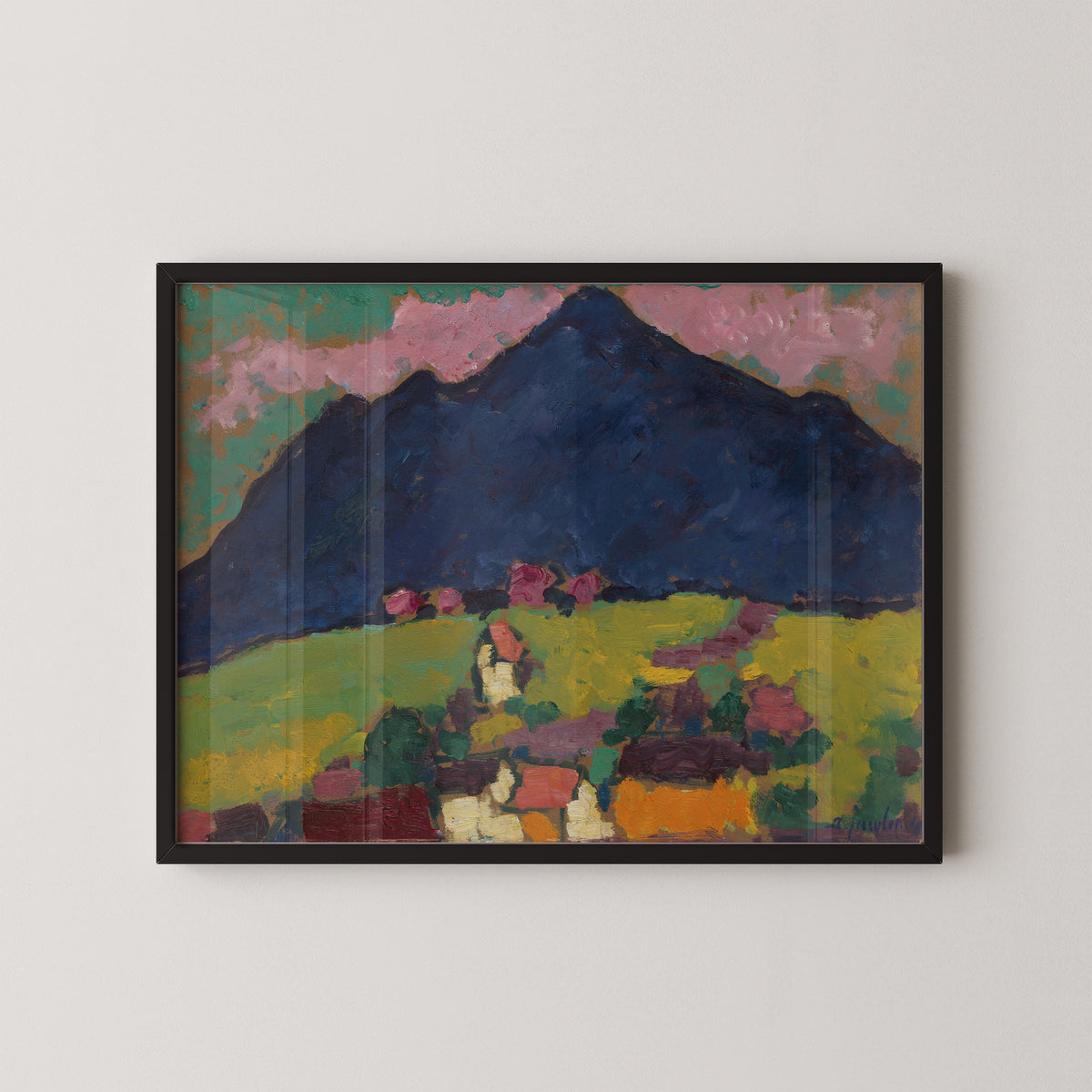 Murnau by Alexej von Jawlensky art print in a black frame, showing blue mountain and colorful village