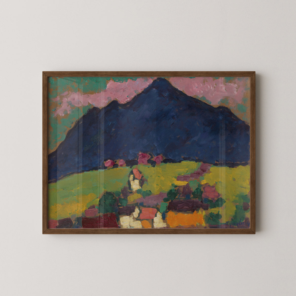 Murnau by Alexej von Jawlensky art print in a dark wood frame, with blue mountain and colorful village