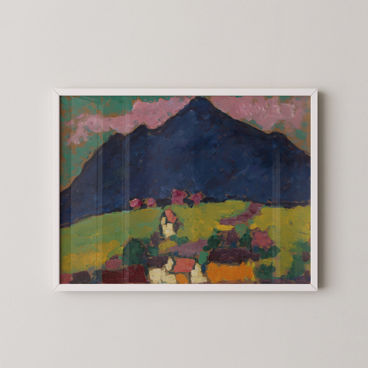 White-framed Murnau by Alexej von Jawlensky art print, featuring blue mountain and colorful village
