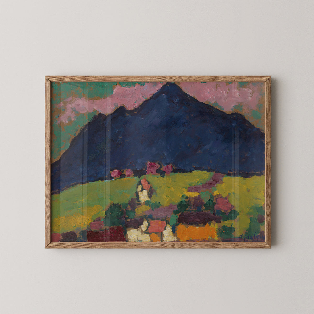 Natural wood-framed Murnau by Alexej von Jawlensky art print, showing blue mountain and colorful village