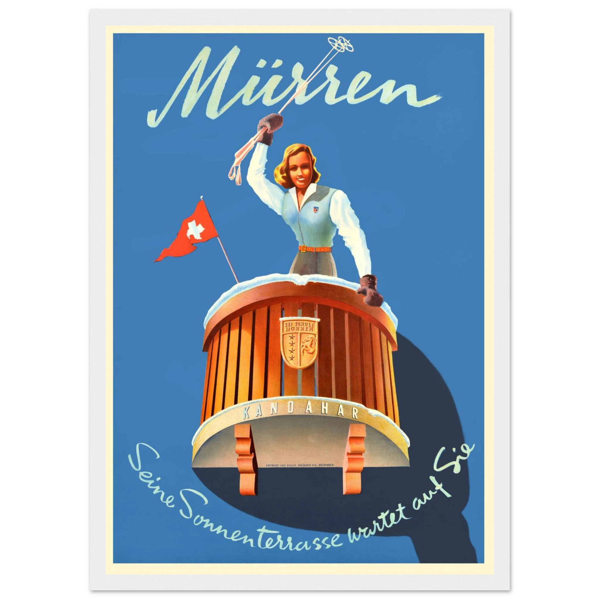 Vintage Mürren ski resort travel poster featuring classic Alpine scenery and retro winter graphics, celebrating Switzerland’s timeless mountain charm.