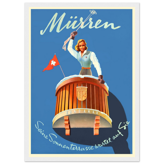 Vintage Mürren ski resort travel poster featuring classic Alpine scenery and retro winter graphics, celebrating Switzerland’s timeless mountain charm.