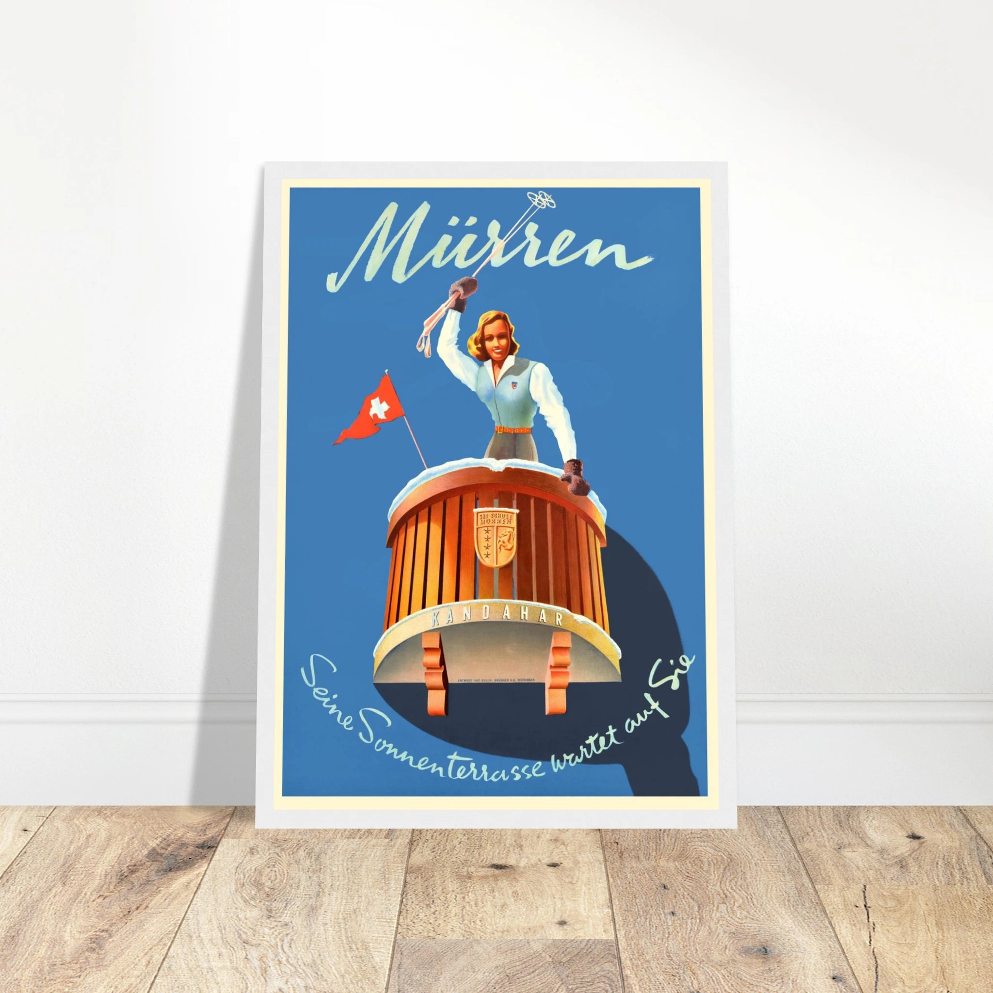 Travel poster print of Mürren, Switzerland, showcasing snow-covered peaks and mid-century design from the golden age of European ski travel